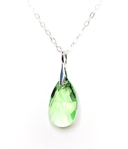 Peridot Green Austrian Crystal Pendant | 925 Sterling Silver | Light Green Teardrop Crystal Necklace for Women