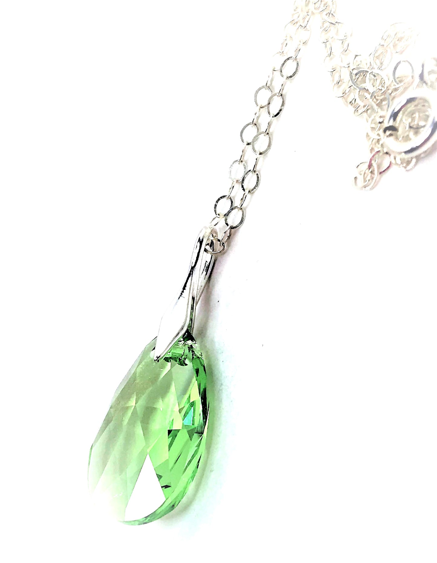Peridot Green Austrian Crystal Pendant | 925 Sterling Silver | Light Green Teardrop Crystal Necklace for Women