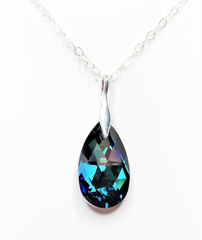 Bermuda Blue Austrian Crystal Pendant | 925 Sterling Silver | Blue Teardrop Crystal Necklace for Women