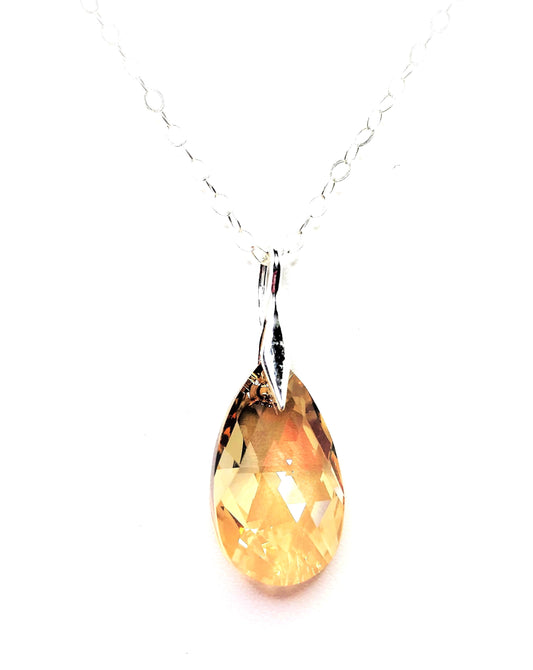 Golden Shadow Austrian Crystal Pendant | 925 Sterling Silver, | Teardrop Necklace for Women