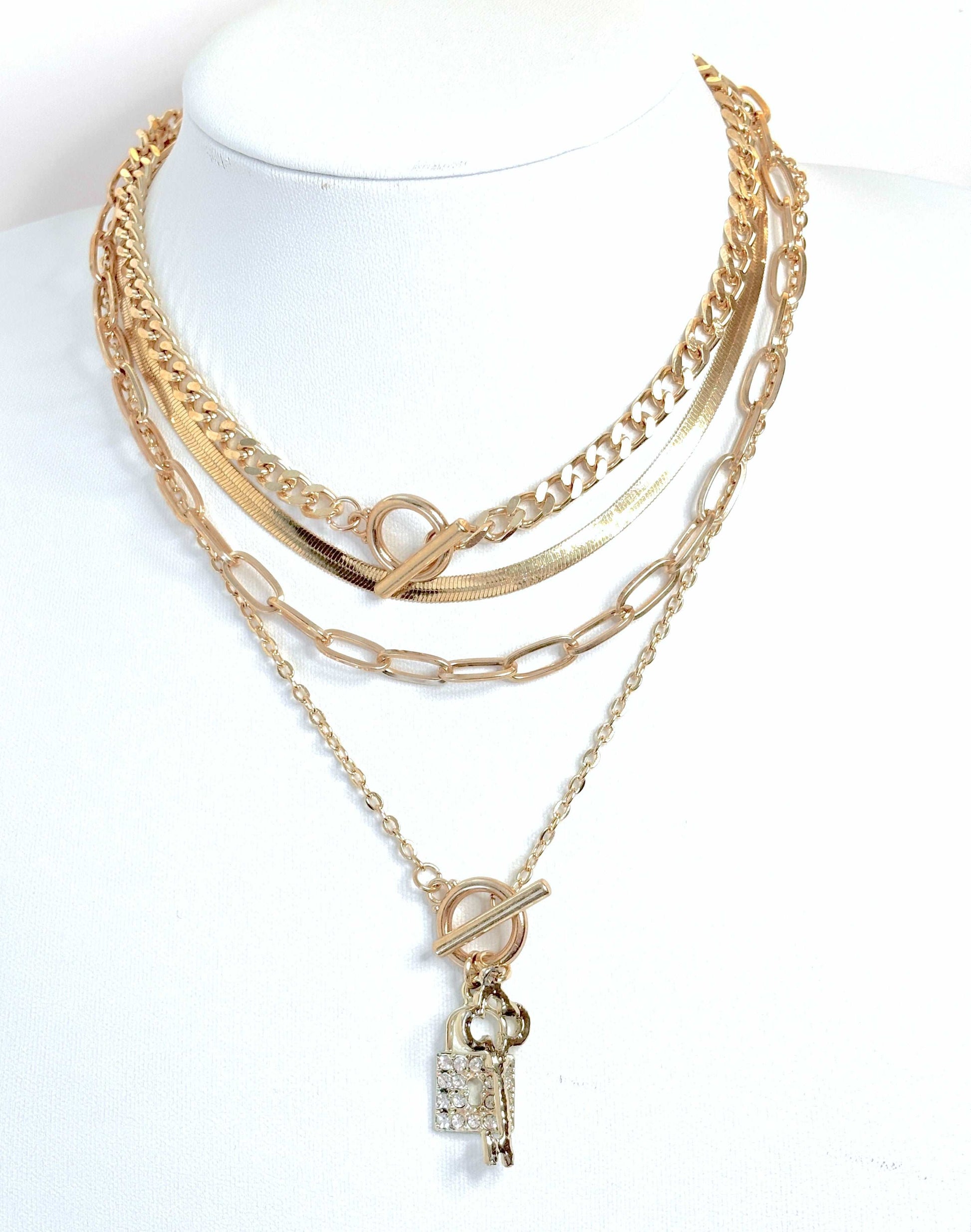 Gold Layered Chain Necklace Set | Gold Plated | CZ Lock and Key | Crystal Necklace