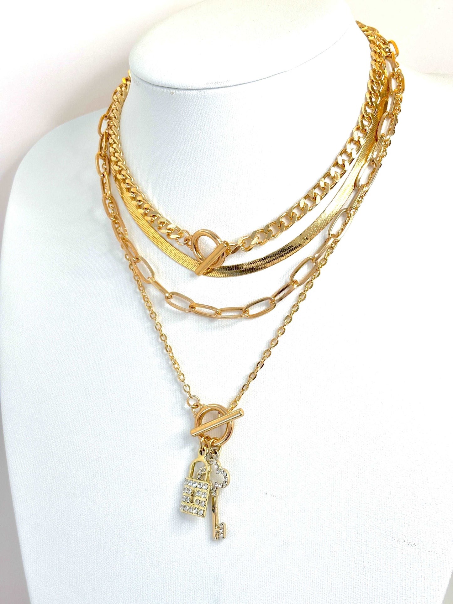 Gold Layered Chain Necklace Set | Gold Plated | CZ Lock and Key | Crystal Necklace