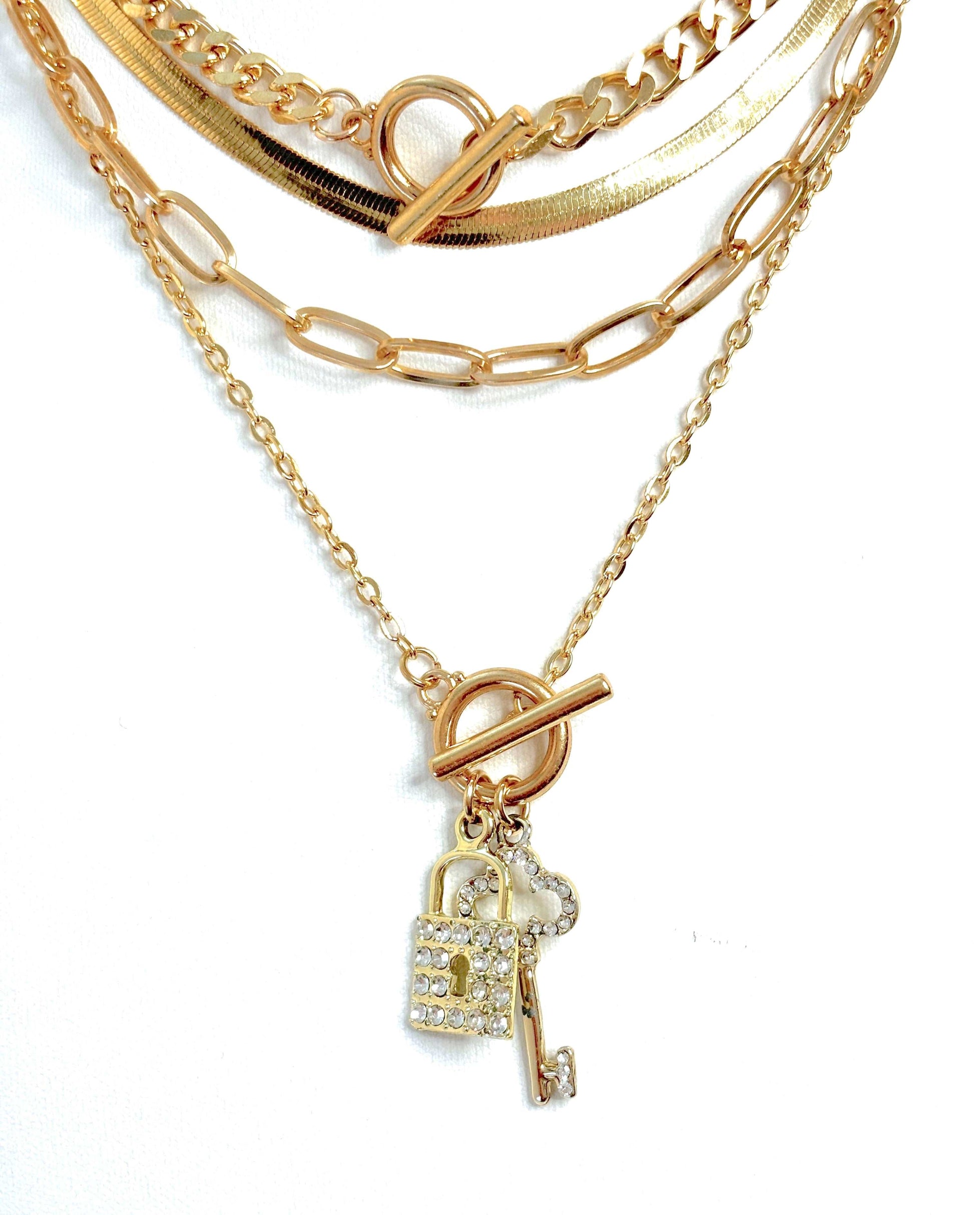 Gold Layered Chain Necklace Set | Gold Plated | CZ Lock and Key | Crystal Necklace