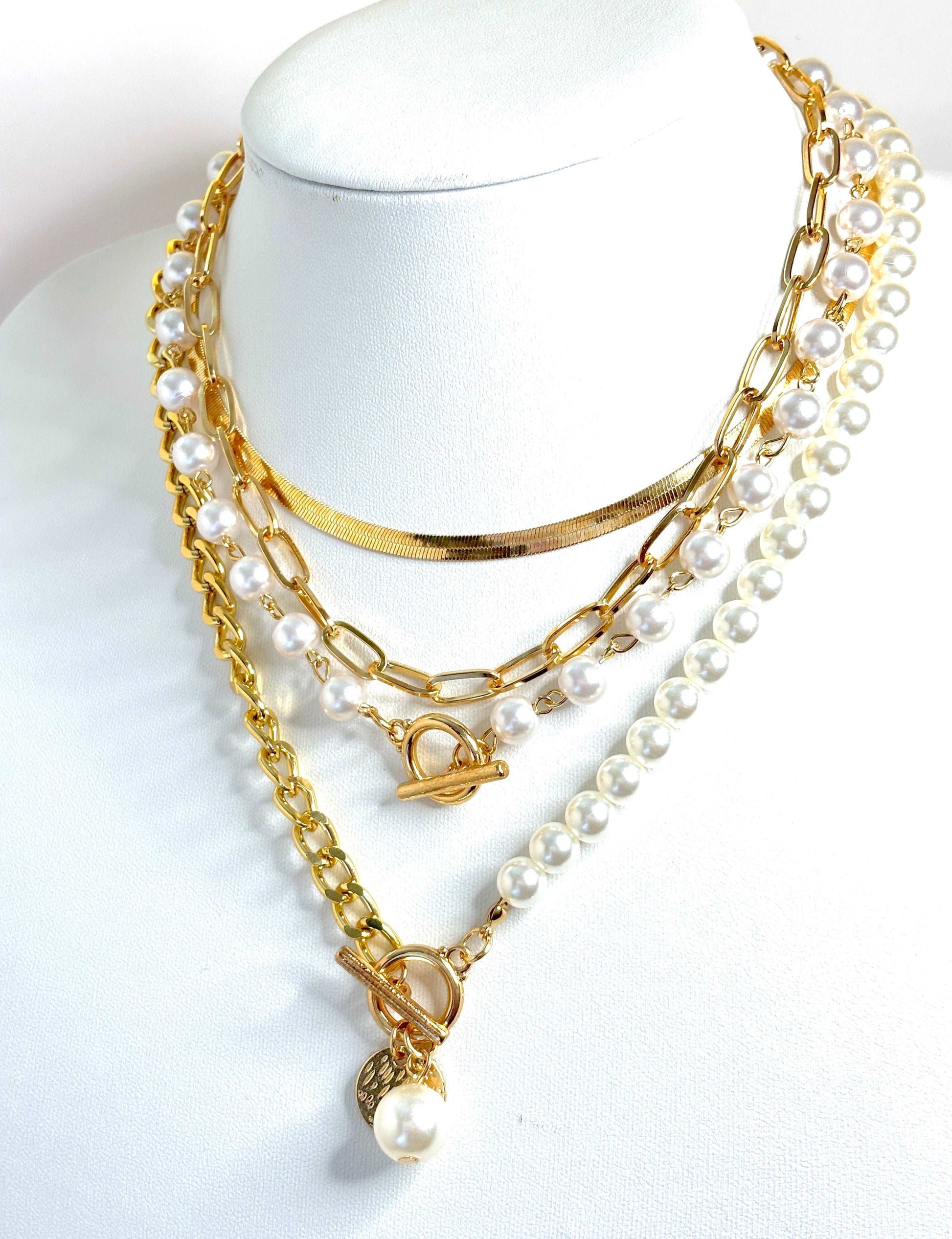 Gold Layered Pearl Chain Necklace Set | Gold Plated | Faux Pearls