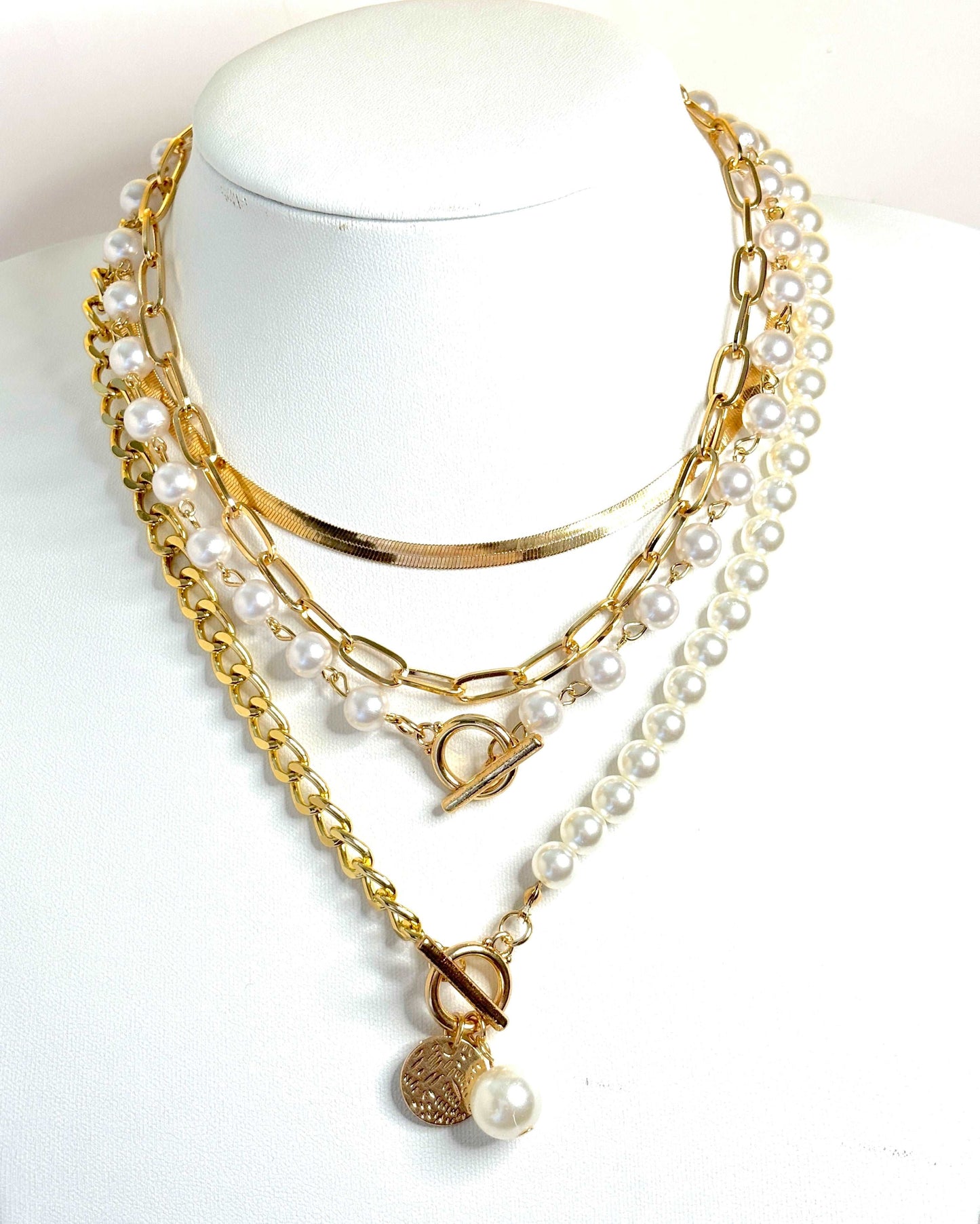 Gold Layered Pearl Chain Necklace Set | Gold Plated | Faux Pearls