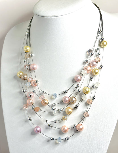 Multi Layer Pink Pearl Crystal Choker and Earrings Set | Floating Necklace | Statement Jewellery |  Adjustable Choker 