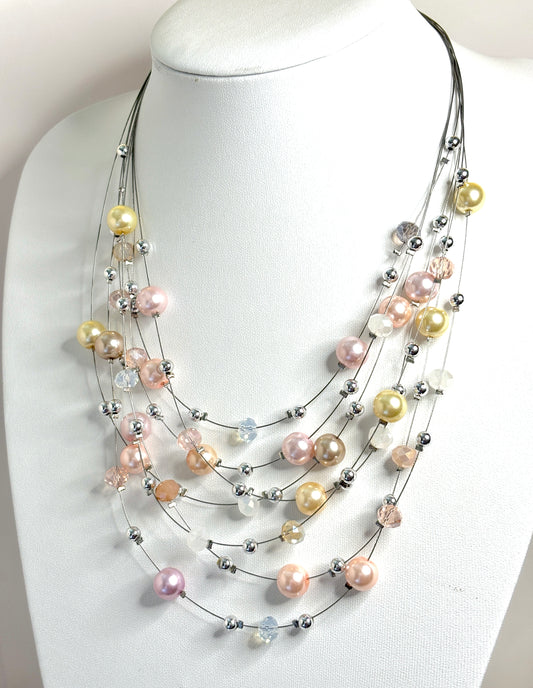 Multi Layer Pink Pearl Crystal Choker and Earrings Set | Floating Necklace | Statement Jewellery |  Adjustable Choker 