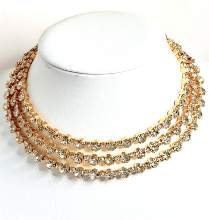 Multi Layer Crystal Choker | Gold Plated | Statement Jewellery |  Adjustable Choker