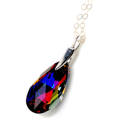 Crystal Volcano Austrian Crystal Pendant | Multi-colour Teardrop Pendant | 925 Sterling Silver | Crystal Pear Shaped Necklace