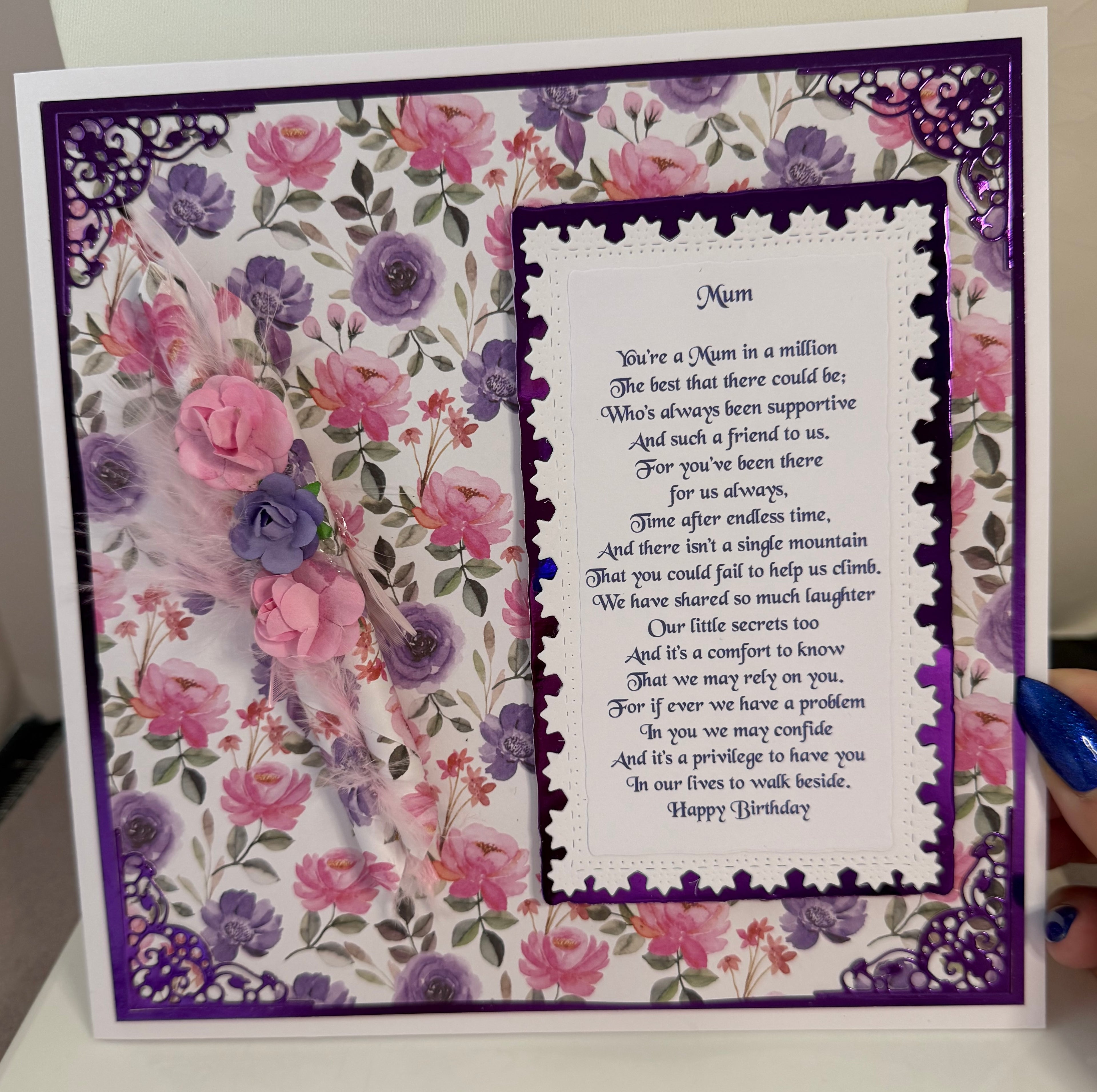 Luxury Handmade 3D Style Birthday Card for Mum | Flowers with a Scroll