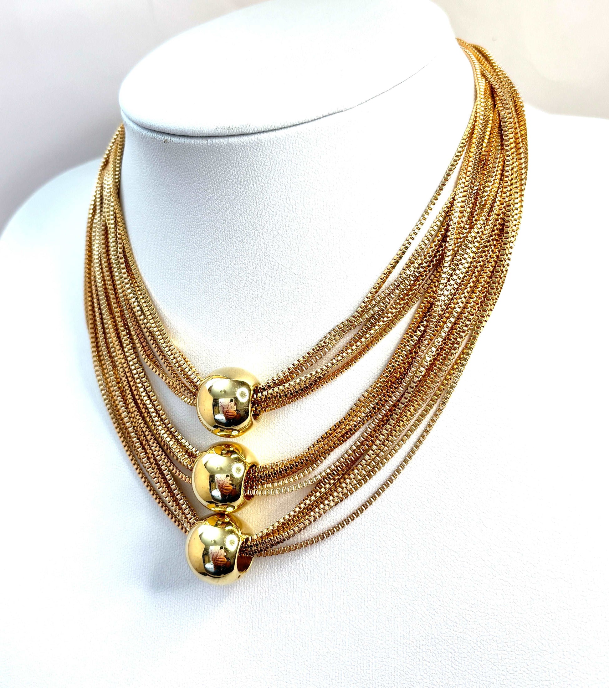 Bold Multi-Chain Layered Necklace with Gold Balls | Gold Plated Statement Choker