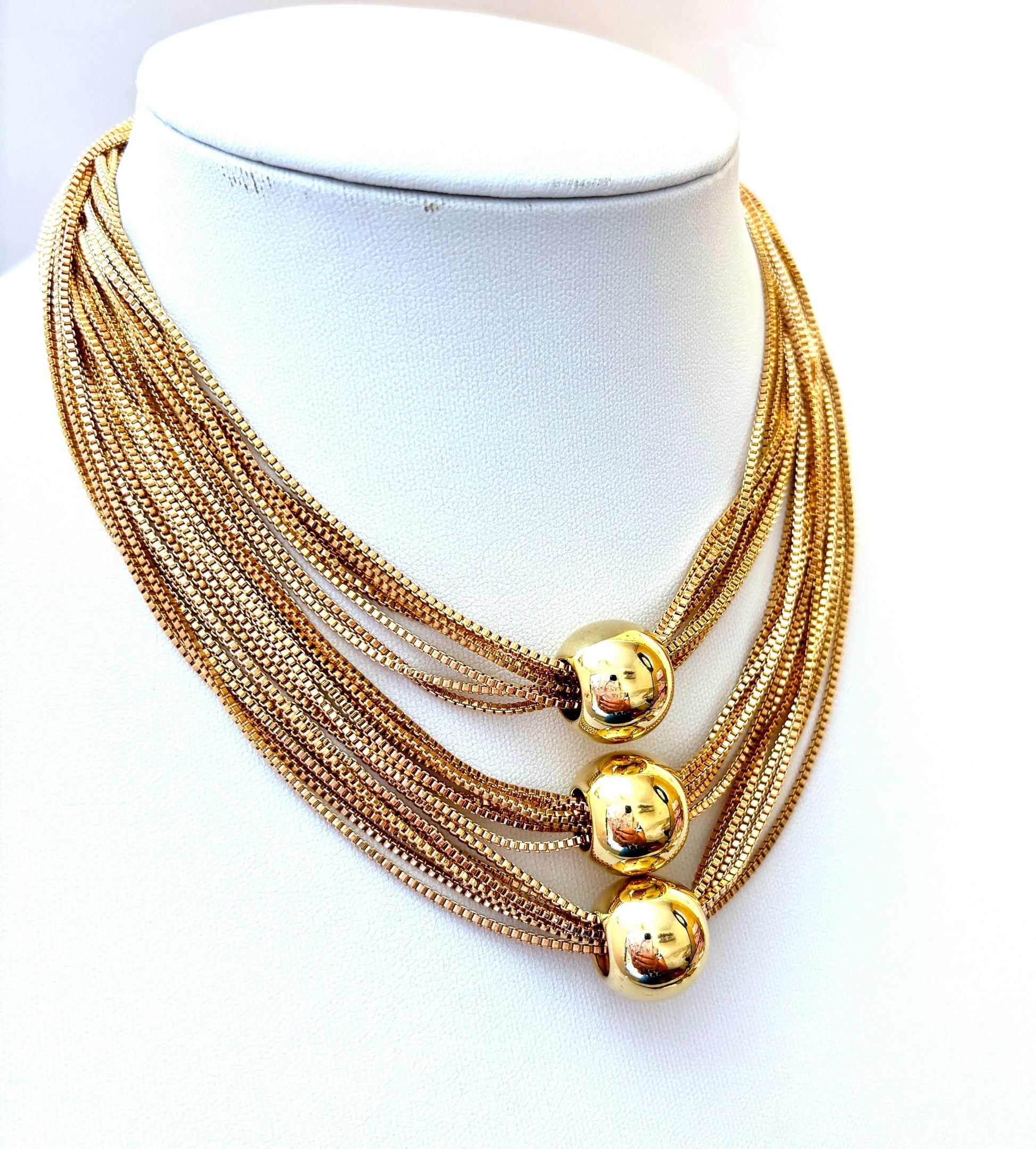 Bold Multi-Chain Layered Necklace with Gold Balls | Gold Plated Statement Choker