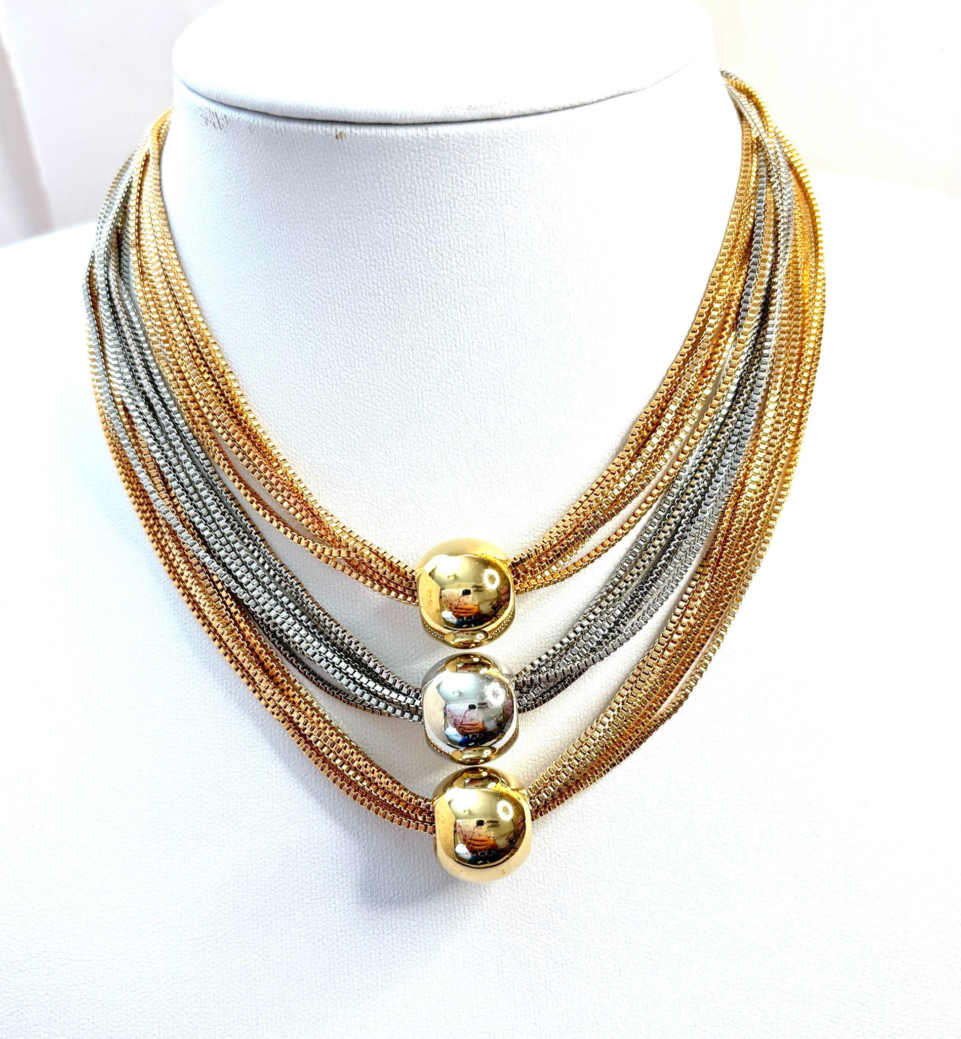 Bold Multi-Chain Layered Necklace with Gold and Silver Balls | Gold Silver Plated Statement Choker