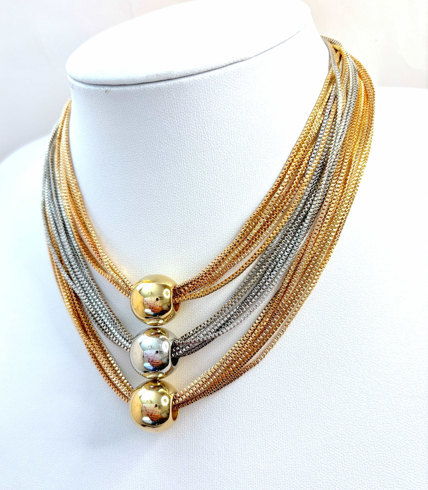 Bold Multi-Chain Layered Necklace with Gold and Silver Balls | Gold Silver Plated Statement Choker