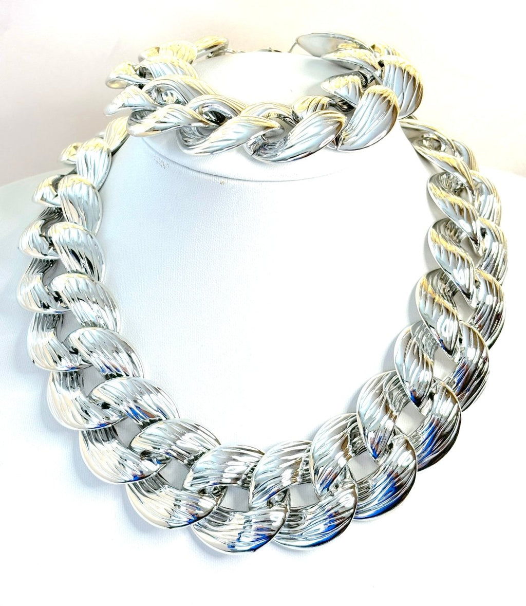 Extra Large Silver Chain Necklace with Bracelet | Silver Plated Statement Choker