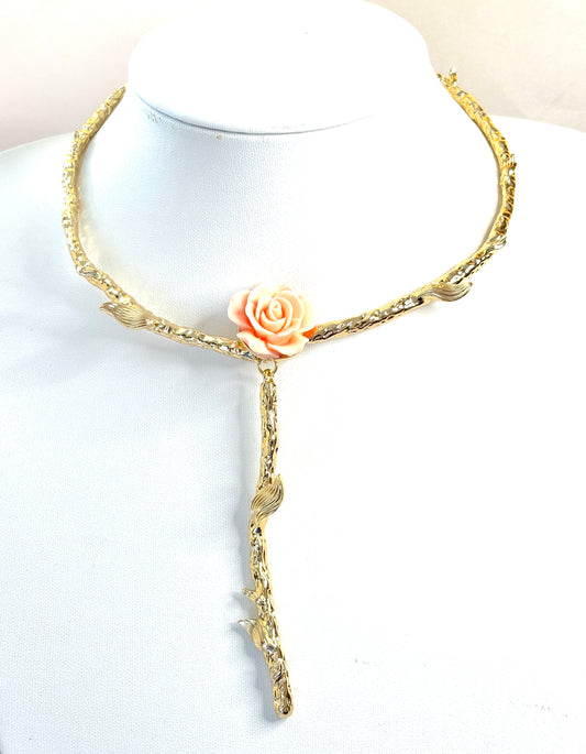 Gold Textured Choker with Peach Rose with Flower Stem | Y Necklace | Gold Plated Statement Choker