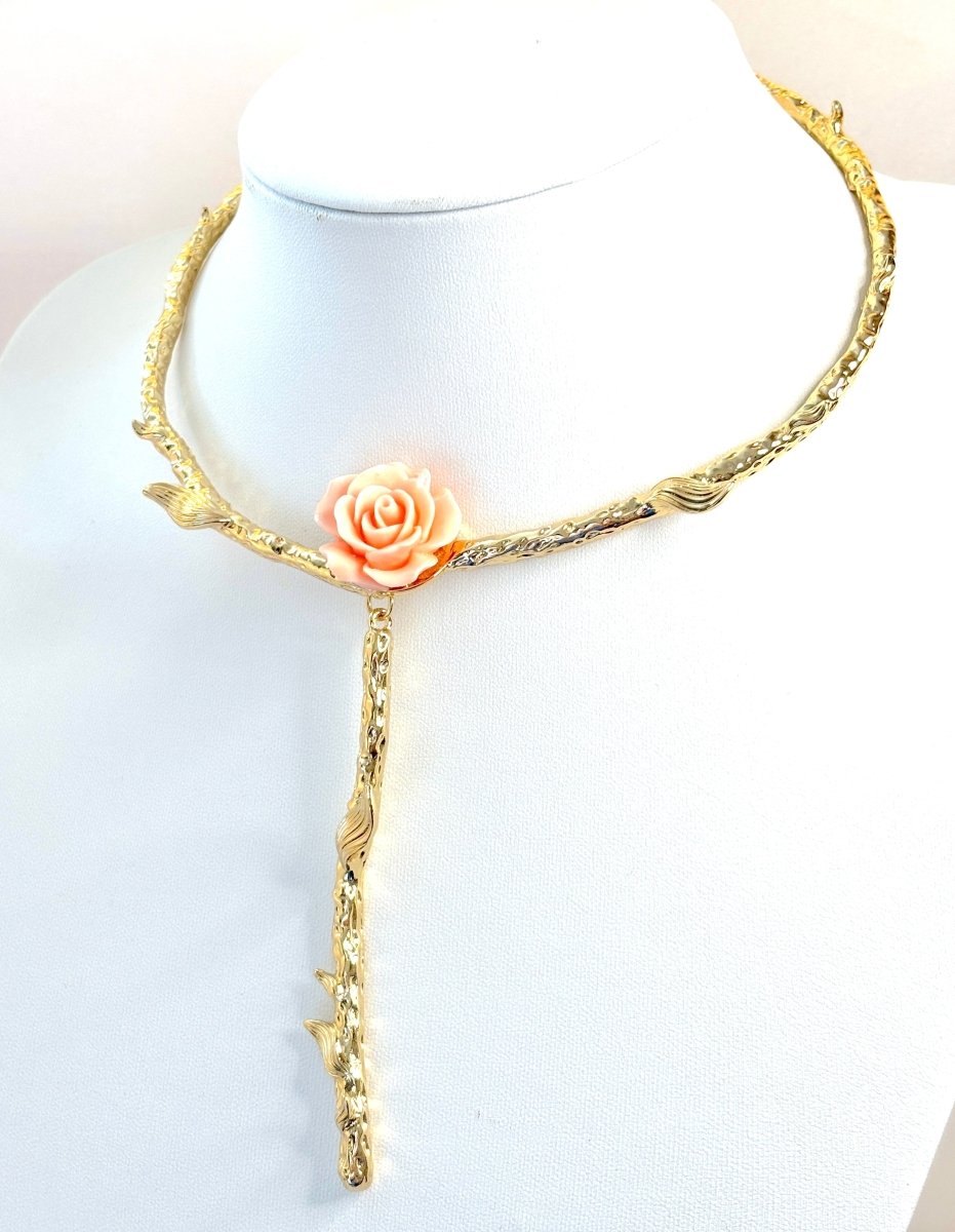 Gold Textured Choker with Peach Rose with Flower Stem | Y Necklace | Gold Plated Statement Choker