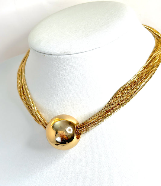 Bold Gold Multi-Chain Layered Necklace with Large Bead | Gold Plated Statement Choker 