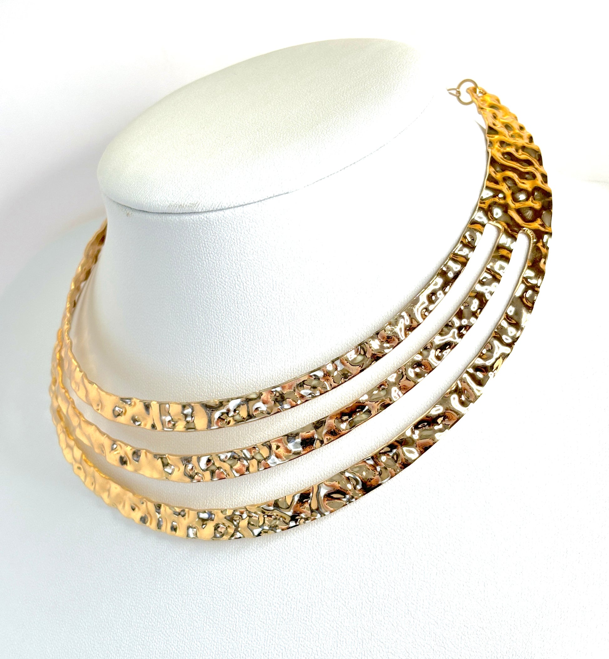 Textured Multi Layered Necklace | Gold Plated Statement Choker | Hammered Choker