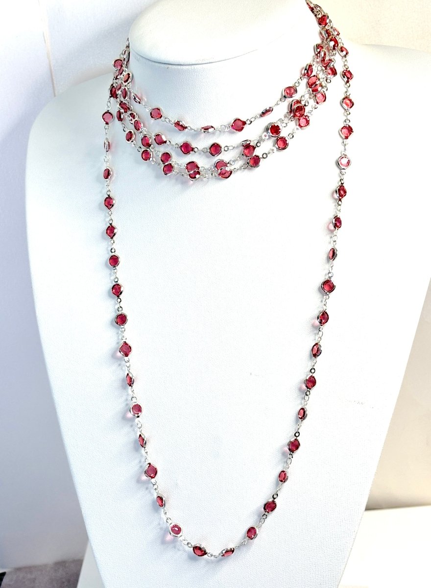Super Long Red Crystal Chain Necklace | Silver Tone | No Clasp | Statement Chain 