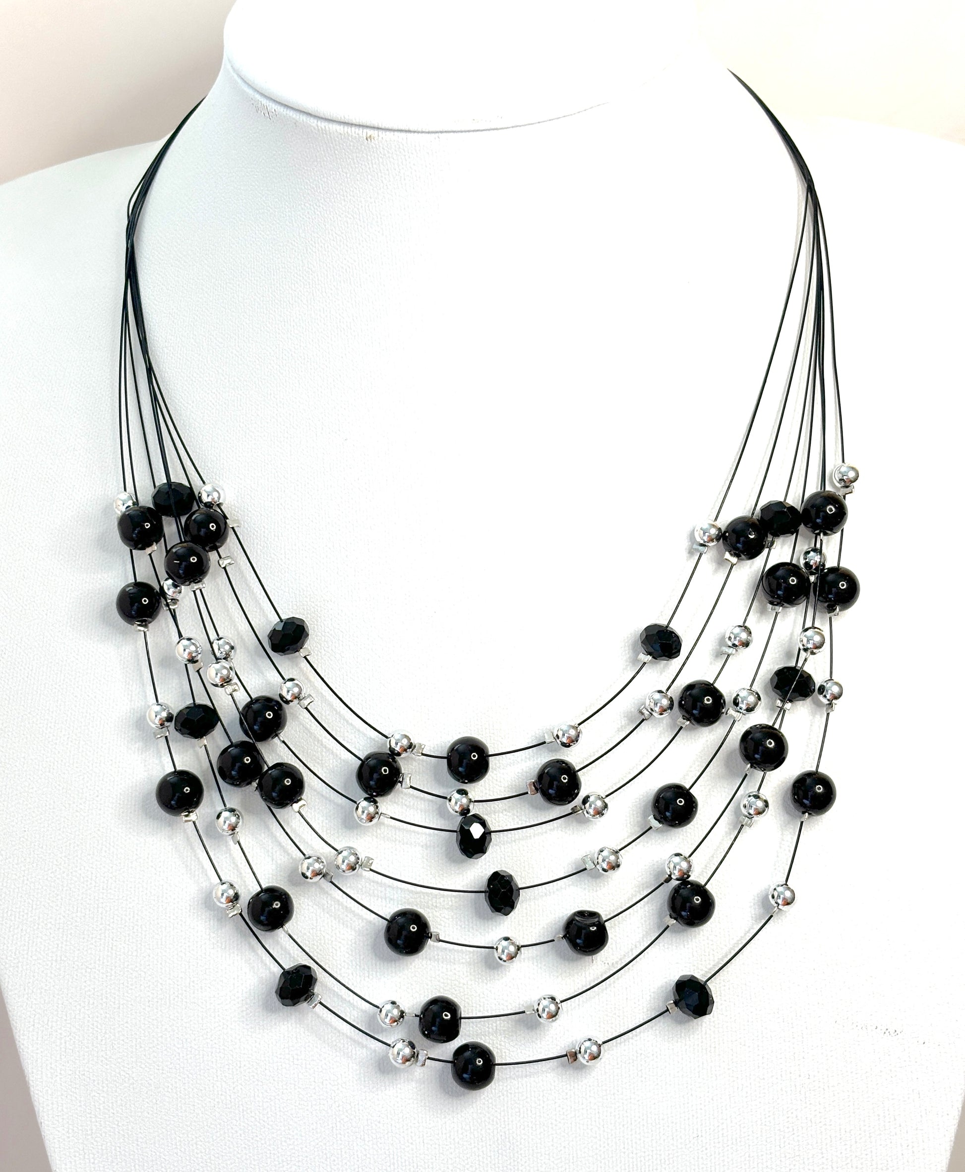 Multi Layer Black Pearl Crystal Choker | Floating Necklace | Statement Jewellery |  Adjustable Choker