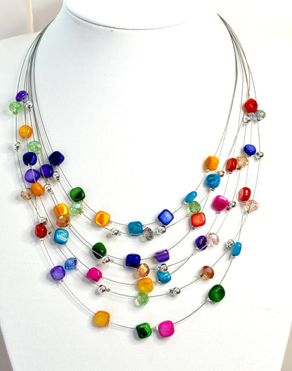 Multi Layer Crystal and Shell Necklace and Earrings Set | Multicolour Floating Necklace | Statement Jewellery |  Adjustable Choker