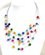 Multi Layer Crystal and Shell Necklace and Earrings Set | Multicolour Floating Necklace | Statement Jewellery |  Adjustable Choker