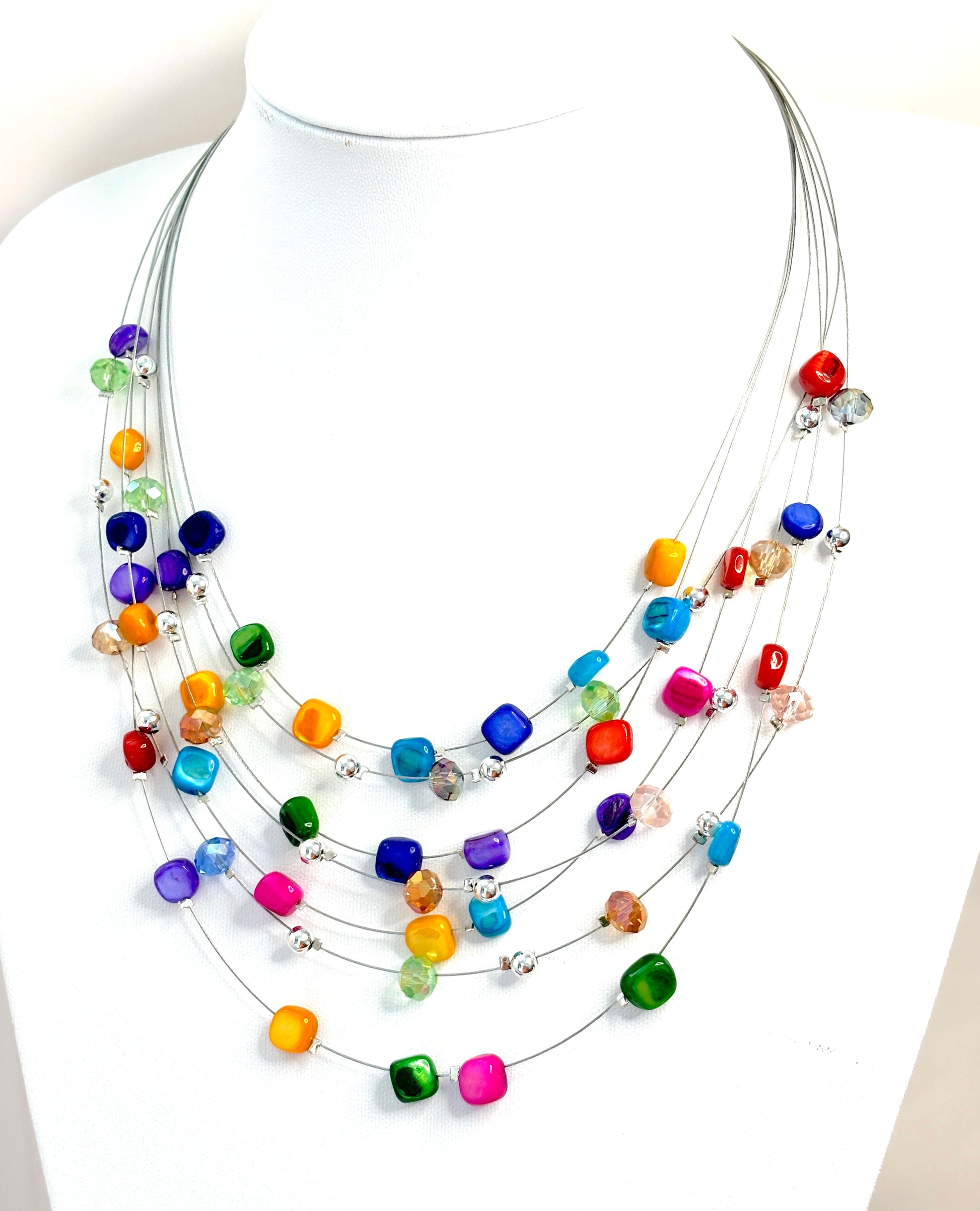 Multi Layer Crystal and Shell Necklace and Earrings Set | Multicolour Floating Necklace | Statement Jewellery |  Adjustable Choker