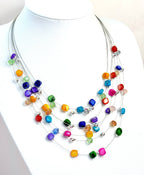 Multi Layer Crystal and Shell Necklace and Earrings Set | Multicolour Floating Necklace | Statement Jewellery |  Adjustable Choker