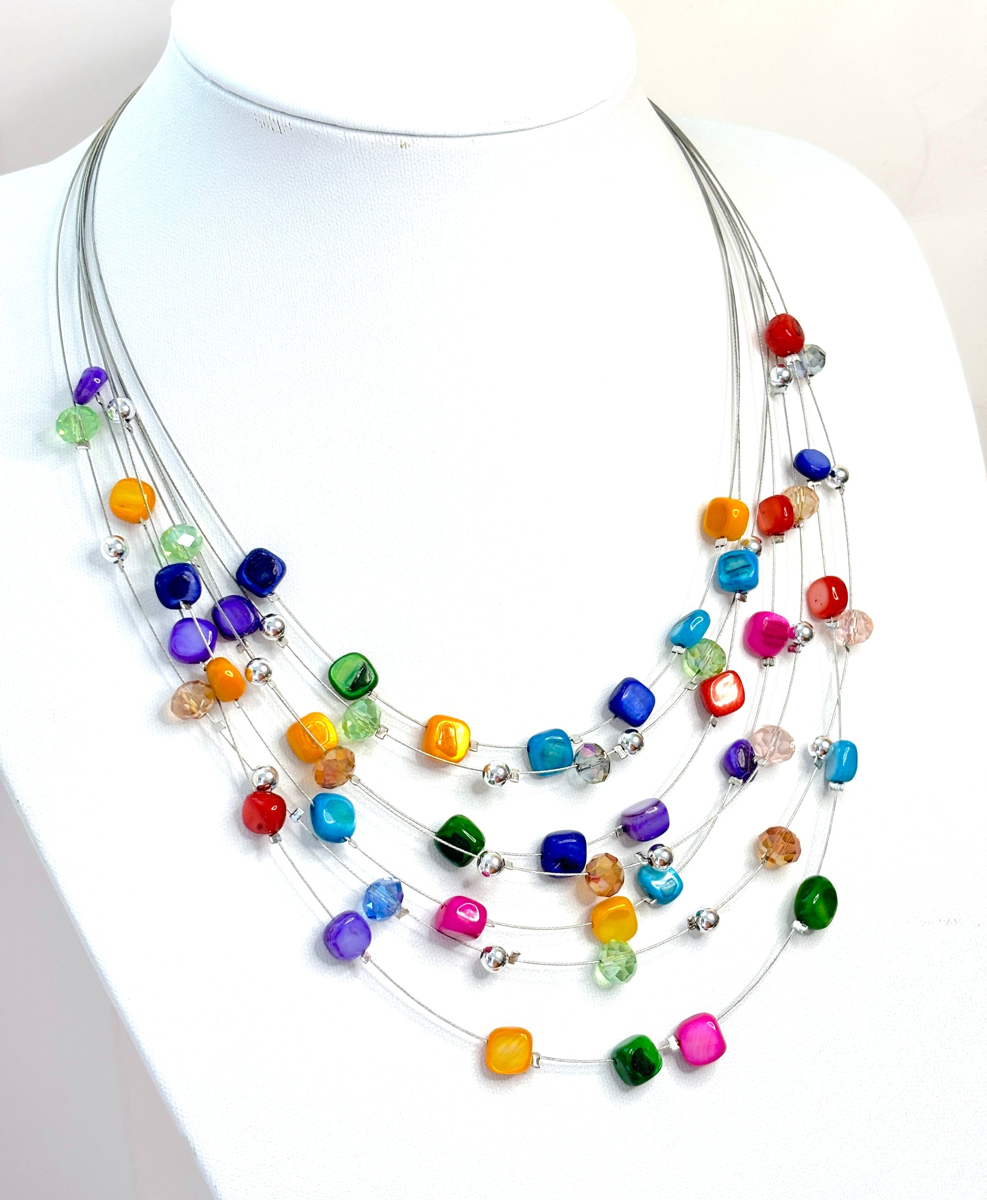 Multi Layer Crystal and Shell Necklace and Earrings Set | Multicolour Floating Necklace | Statement Jewellery |  Adjustable Choker