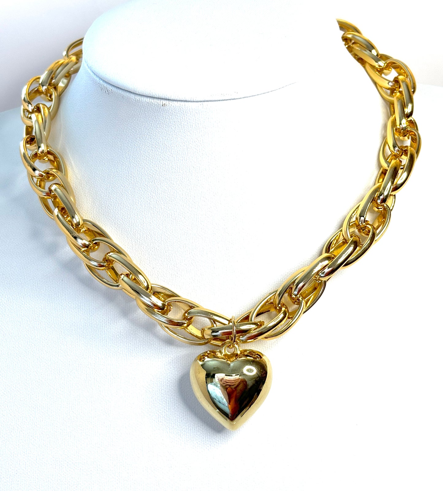 Chunky Gold Chain Necklace with Gold Heart | Gold Plated Statement Choker 