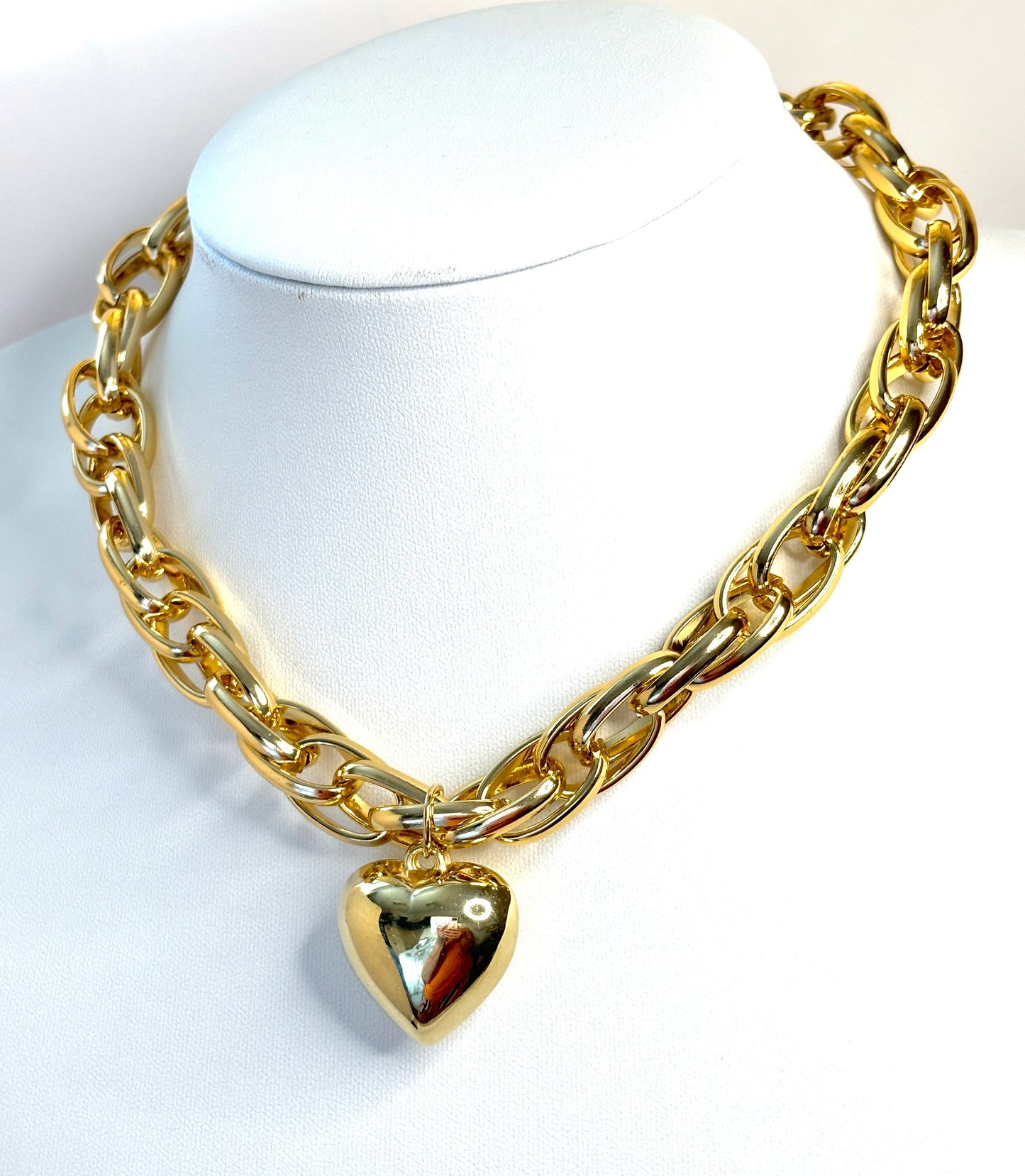 Chunky Gold Chain Necklace with Gold Heart | Gold Plated Statement Choker 