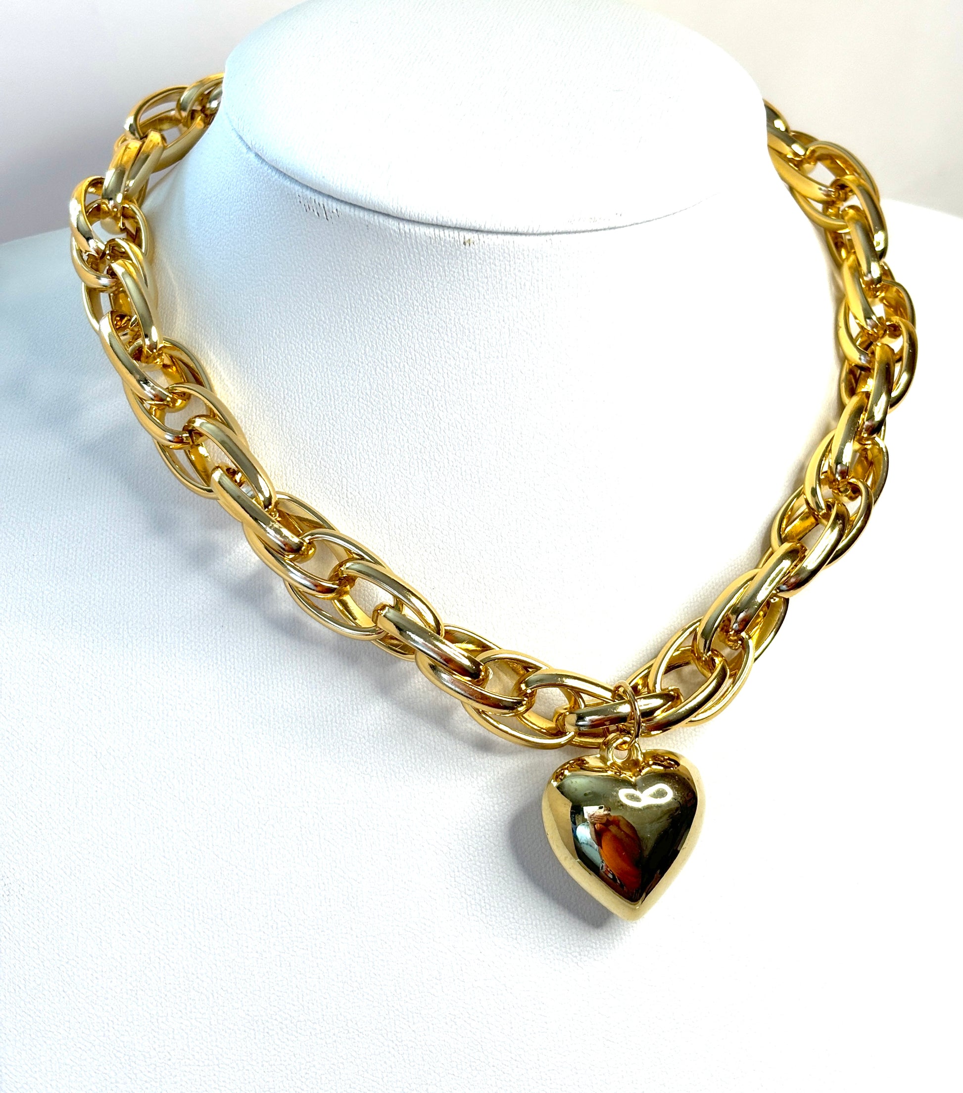 Chunky Gold Chain Necklace with Gold Heart | Gold Plated Statement Choker 