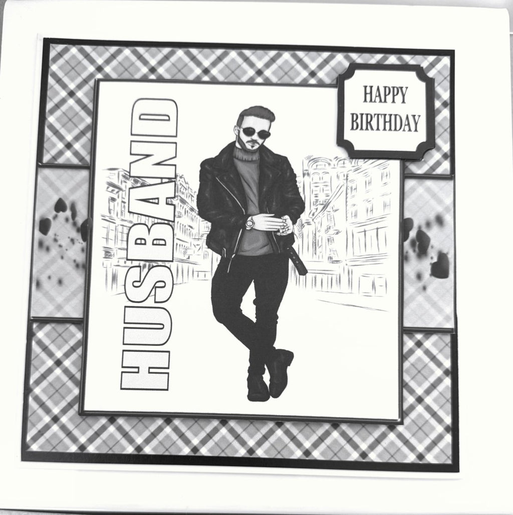 Luxury Handmade Birthday Card for Husband | Black and White Stylish Man in the City