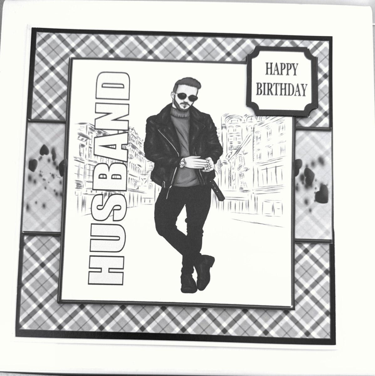 Luxury Handmade Birthday Card for Husband | Black and White Stylish Man in the City