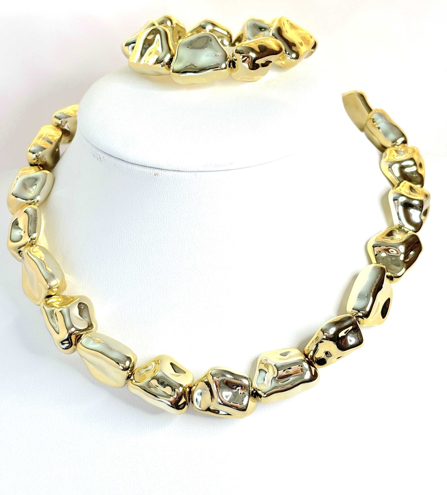 Chunky Gold Plated Nugget Necklace and Bracelet Set | Lightweight & Bold | Gold Plated Statement Choker