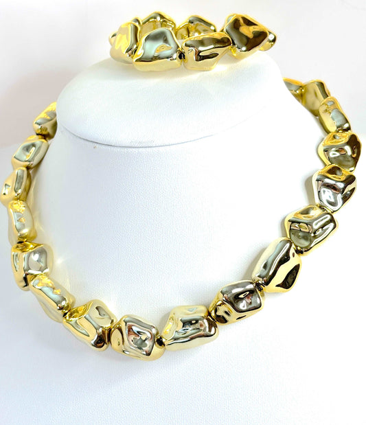 Chunky Gold Plated Nugget Necklace and Bracelet Set | Lightweight & Bold | Gold Plated Statement Choker