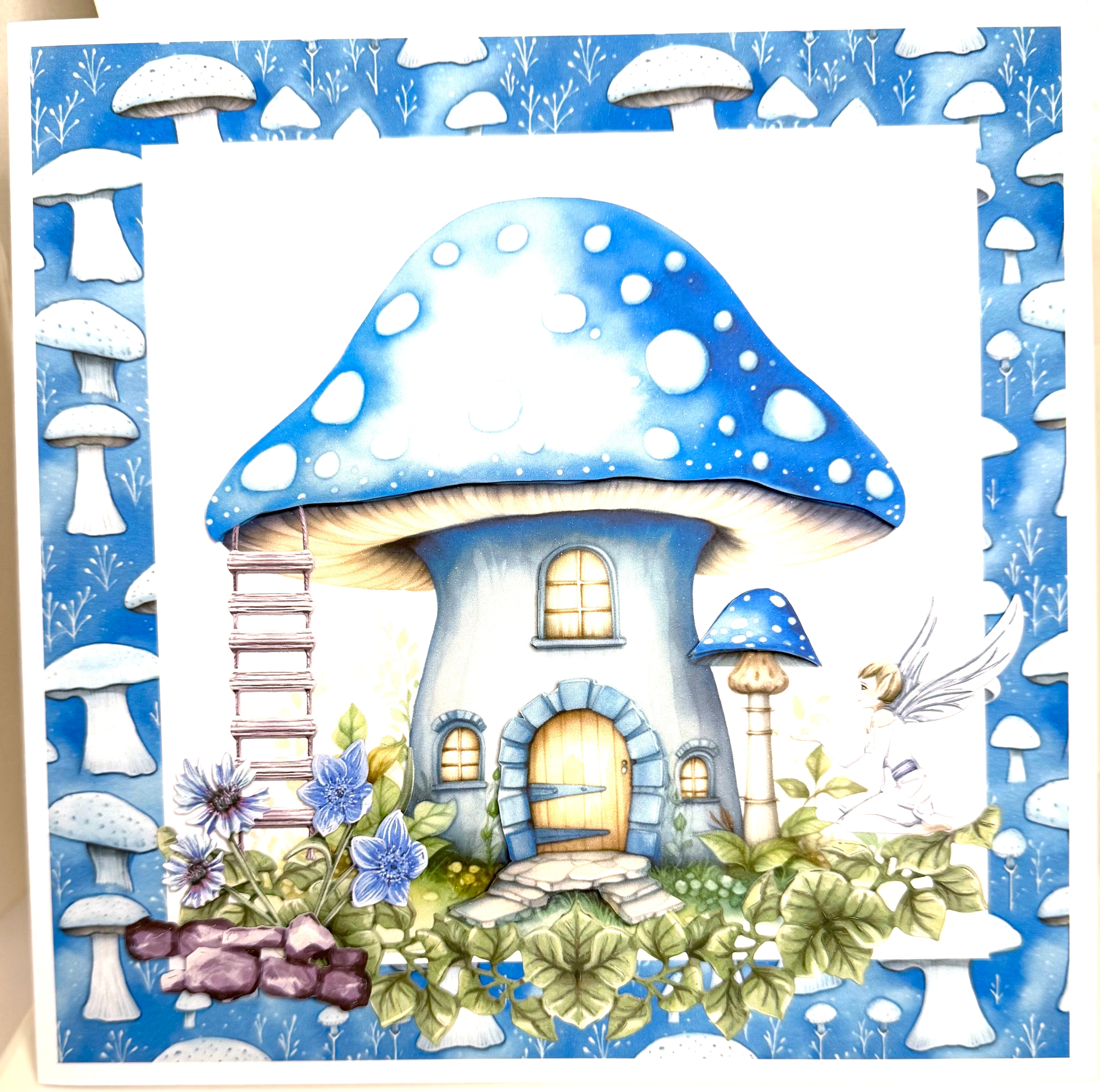 Luxury Handmade Birthday Card | 3D Fairy Mushroom House in Blue