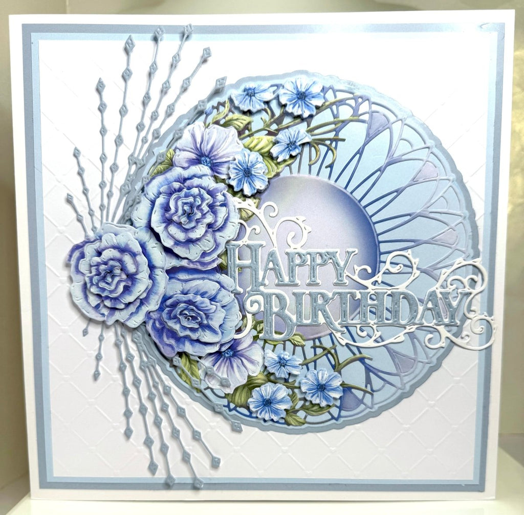 Birthday card with blue floral design and 'Happy Birthday' text
