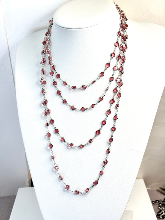 Super Long Red Crystal Chain Necklace | Silver Tone | No Clasp | Statement Chain 