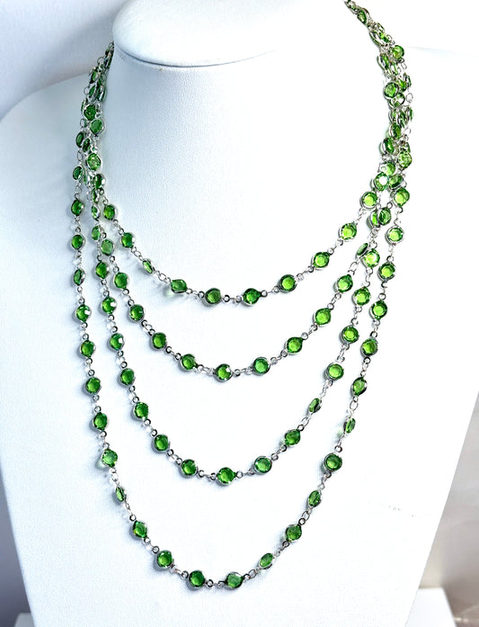 Extra Long Peridot Green Crystal Chain Necklace | Round CZ Necklace  | Silver Tone  | No Clasp  | 78 Inch Length