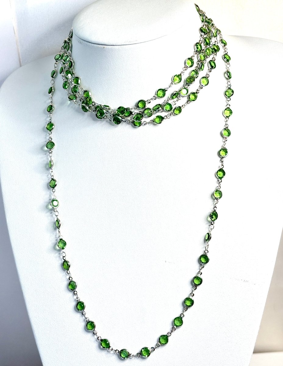 Extra Long Peridot Green Crystal Chain Necklace | Round CZ Necklace  | Silver Tone  | No Clasp  | 78 Inch Length