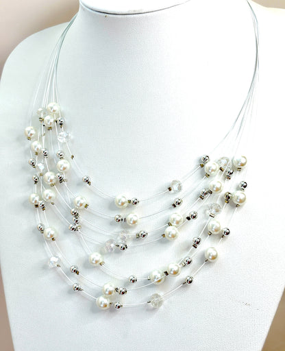 Multi Layer White Pearl Crystal Choker Set | Floating Necklace | Statement Jewellery |  Adjustable Choker