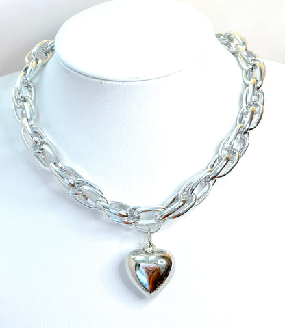 Chunky Silver Chain Necklace with Silver Heart | Silver Plated Statement Choker 