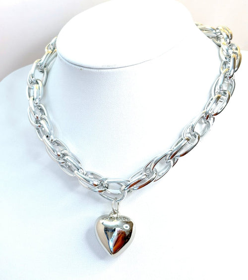 Chunky Silver Chain Necklace with Silver Heart | Silver Plated Statement Choker 
