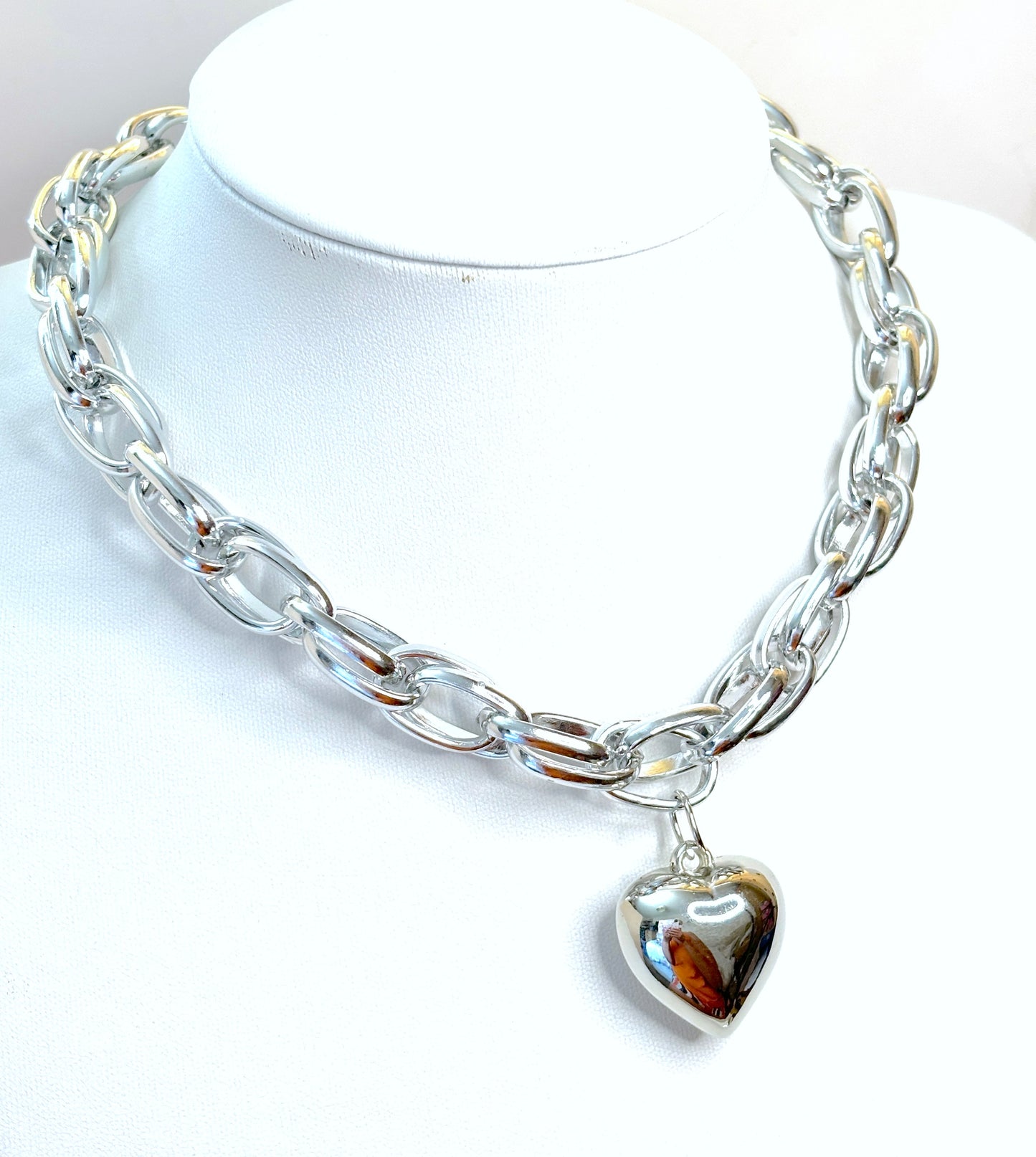 Chunky Silver Chain Necklace with Silver Heart | Silver Plated Statement Choker 