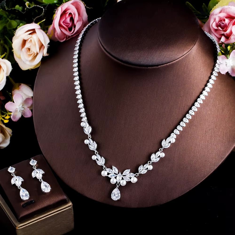 Clear CZ Crystal Pearl Drop Tennis Necklace and Earrings Set | Wedding Jewellery