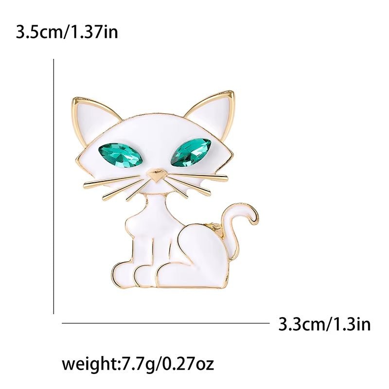 White Green Eyed Sitting Cat Brooch | Gift for Cat Lovers