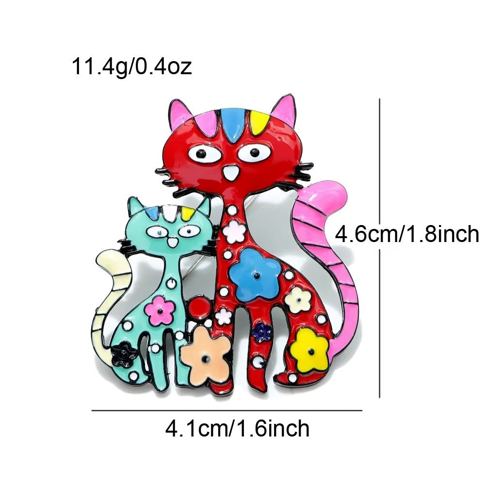 Cute Multicoloured Enamel Cat Brooch | Mother Cat and Kitten with Flowers