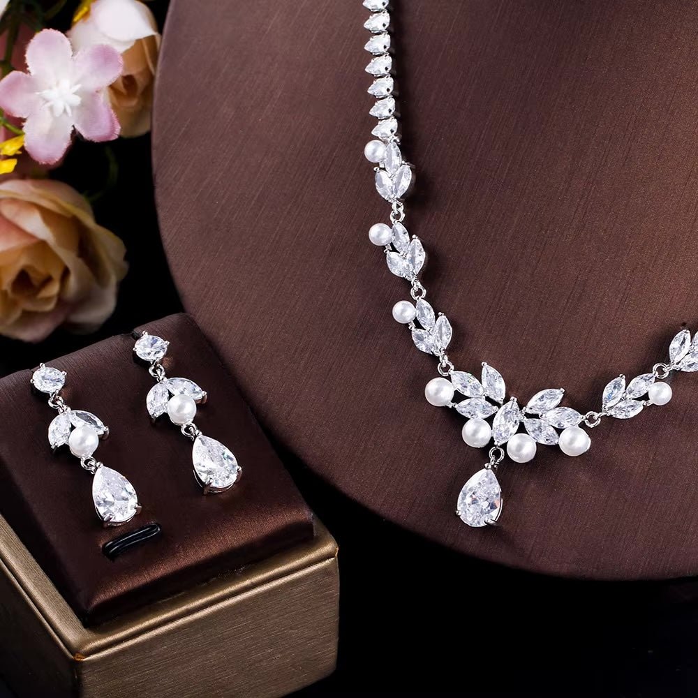 Clear CZ Crystal Pearl Drop Tennis Necklace and Earrings Set | Wedding Jewellery